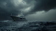 Luxurious yacht forges through stormy seas under a threatening grey sky.