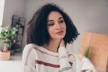 Sticker - Photo of sweet dreamy lady dressed striped pullover staying home thinking indoors apartment room