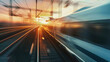 Blurred motion of a high-speed train, streaking through tracks at dusk, syncs with the fading light.