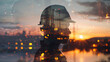 Double exposure portrait merges a worker with a cityscape at sunset, symbolizing industry.