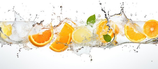 Wall Mural - Bright oranges and yellow lemons falling and creating splashes as they hit the surface of a glass filled with clear water