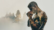 focused boxer wrapping his hands, with a serene forest landscape in double exposure, juxtaposing the calm before the storm of a fight with the tranquility of nature, against an isolated background
