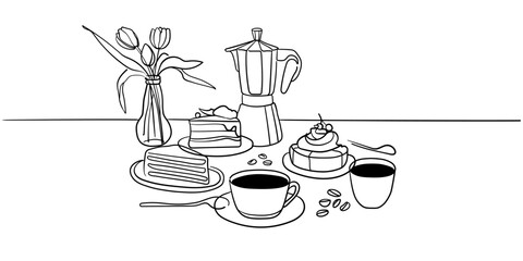 Coffee with desserts line art drawing on white background. Breakfast on the table with flowers. Vector illustration