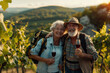 Wine tasing: Cheerful senior couple with wine glasses in a vineyard (A.I.-generated)