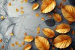 autumn leaves on the ground, wallpaper featuring 3D art. Feathers and leaves in shades of gray, black, yellow, brown, and golden. As you sketch a light gray background with golden specks.