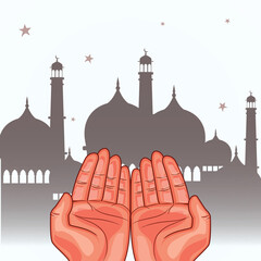 Wall Mural - Illustration of human hand praying in front of islamic mosque for muslim community, holy month of prayer, Ramadan Kareem celebration.