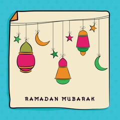 Wall Mural - Islamic holy month of prayers, Ramadan Kareem celebrations with colourful hanging lanterns, moon and stars on beige background.