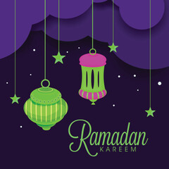 Poster - Beautiful greeting or invitation card design decorated with colourful arabic lanterns and golden stars for Islamic holy month of prayers Ramadan Kareem celebrations.