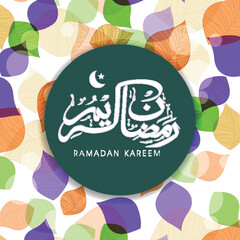 Sticker - Arabic calligraphy of text Ramadan Kareem sticky on colourful leaves design decorated background for Islamic holy month of prayers celebrations.