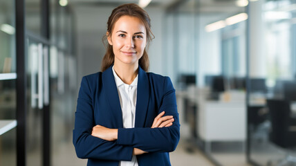 Wall Mural - Young business woman in suit looking at camera in office. 


