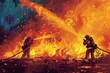 Two firefighters in full gear standing in front of a fierce fire, prepared to tackle the blaze. Generative AI