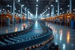 A dimly lit and empty conveyor belt in a vast warehouse, symbolizing logistics and distribution