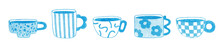 Set Of Of Various Modern Cups For Tea And Coffee. Hand Drawn Illustration Of 
Ceramics With Blue Pencil Texture