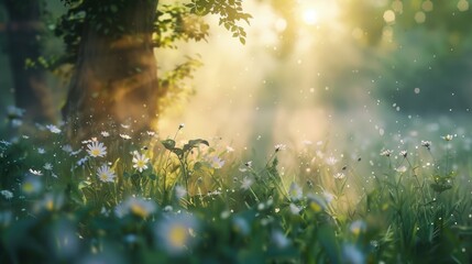 Beautiful nature at morning in the misty spring forest with sun