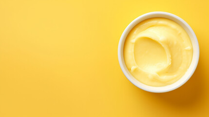 Sticker - Bowl with melted butter or cheese on yellow background, top view, copy space. Dairy products