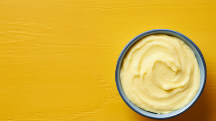 Wall Mural - Bowl with melted butter or cheese on yellow background, top view, copy space. Dairy products