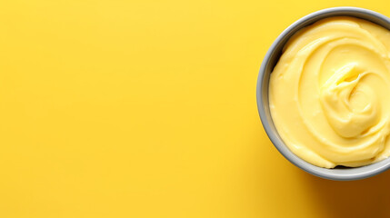 Wall Mural - Bowl with melted butter or cheese on yellow background, top view, copy space. Dairy products