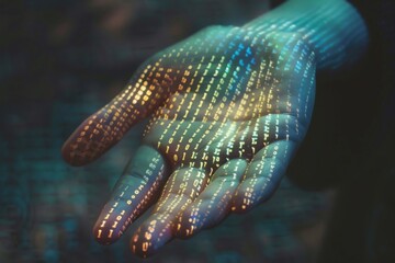 A hand covered in binary code