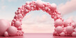 A mockup of a Valentine’s Day event entrance with a balloon arch in reds and pinks on one side сreated with Generative Ai