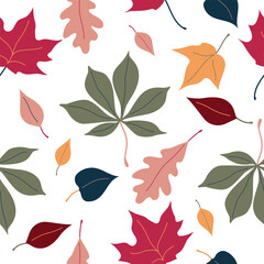 Seamless pattern with colorful autumn leaves. Vector botanical  background with maple and oak tree leaves