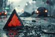 Closeup shot of a triangle attention sign on car accident site, parts of the car scattered