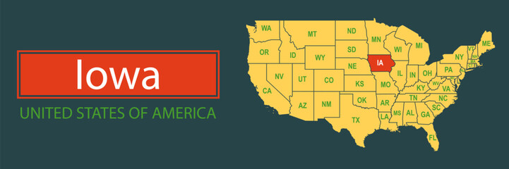 Wall Mural - Banner, highlighting the boundaries of the state of Iowa on the map of the United States of America. Vector map borders of the USA Iowa state.