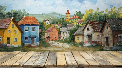 Wall Mural - A captivating scene unfolds with a Folkloric Painted Podium set against a picturesque Traditional Slavic Village backdrop, perfect for showcasing folk art and craft products.