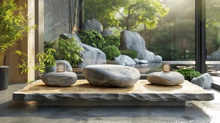 Canvas Print - Enhance your meditation space with a serene Zen Rock Garden backdrop, complemented by a Harmonious Bamboo Podium in the foreground.