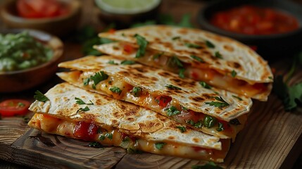 Wall Mural - Savory Cheesy Quesadillas, Rustic Wooden Presentation, Side Salsa And Guacamole, Zesty Lime Wedges, Authentic Mexican Cuisine, AI Generated