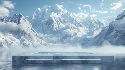 A sleek Minimalist Ice Podium set against a Snowy Alpine Peak, perfect for showcasing winter sports gear.