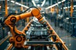 Robotic arm in orange at a giga factory assembling electric vehicle batteries to support green energy and achieve net zero carbon emissions by . Concept Green Energy, Giga Factory, Robotic Arm