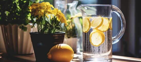 Wall Mural - Clear glass pitcher filled with refreshing lemon-infused water, placed on a clean and bright white surface