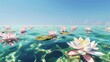 Pink lotus flowers float on shimmering waters under a clear blue sky, creating a serene waterscape, perfect for reflective Vesak moments.