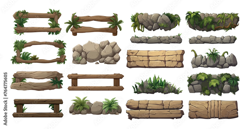Variety of Detailed Vector Game Assets Including Wooden Frames, Stone ...