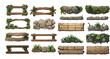 Variety of Detailed Vector Game Assets Including Wooden Frames, Stone Blocks, and Nature Elements for Game