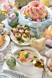 Fototapeta  - Easter table with traditional white borscht, sausage with horseradish and pastries