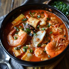 Wall Mural - Mouthwatering Korean Mala Seafood Stew with Fusion Twist - Savory,Spicy,and Bursting with Umami Flavors