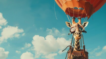 a giraffe, wearing goggles, is flying in a hot air balloon against a blue sky. the giraffe looks cur