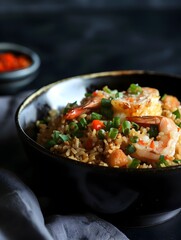 Wall Mural - Spicy and Flavorful Mala-Inspired Fried Rice Dish with Shrimp and Vibrant Veggies