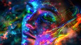 Fototapeta Tęcza - A portrait of a girl against a background of neon colors and neural networks opens the door to a digital space where virtual and real realities are combined.