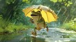 Animated frog with a sunny yellow umbrella, hopping joyfully along a rainsoaked path, lively green backdrop