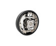 Drum brake with the drum removed isolated. System of drum brake. Automotive braking system. Back view