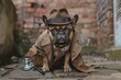 A French bulldog in a detectives trench coat and fedora holding a magnifying glass