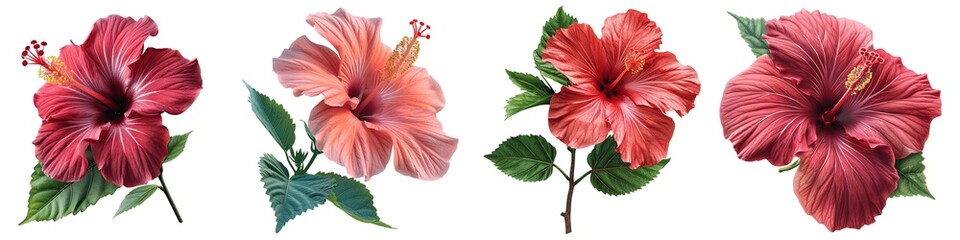 Wall Mural - Set of red hibiscus flowers isolated on transparent background