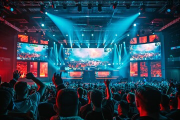 Wall Mural - A dynamic wide-angle shot of a large crowd of people at a concert, with the main stage lit up and multiple large screens displaying visuals