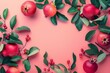 © molokot - Mockup with pomegranates and branches, free space for text in the middle. Ripe juicy pomegranates, berries and seeds, elegant tree branches with leaves, pink table, top view flat lay.