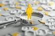 Concept of customer focus and customer relation management (CRM), represented by a yellow human icon inside a magnifying glass among white icons
