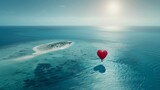 Fototapeta Natura - A heart shaped balloon is seen floating alone amidst the vast expanse of the ocean, symbolizing love and hope in an unexpected setting.