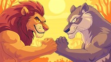 Cartoon Background. Vector Illustration. Lion And Wolf Doing Arm Wrestling With Each Other