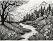 Stylized landscape with a tree over a river and mountains in the distance - Black and white ink drawing